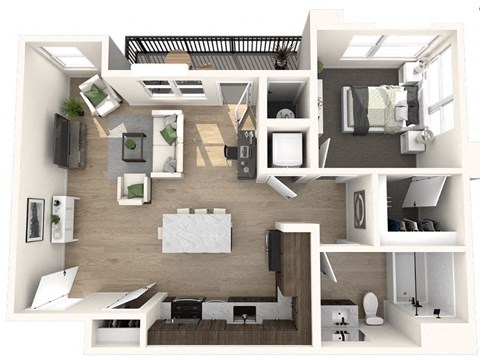 Floor plan for 1 bed, 1 bath, 723 sqft
